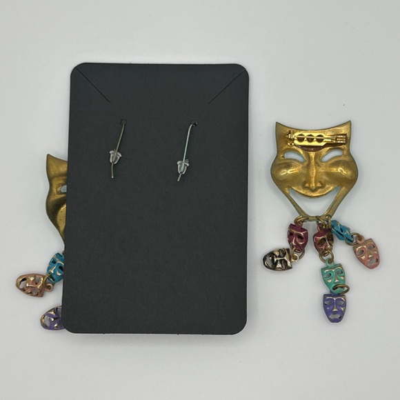 Drama Mask Dangle Earrings and Pin Set - Copper-tone Tragedy and Comedy Mask 🎭 - Picture 2 of 6